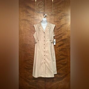 Calvin Klein Sleeveless Fall Safari Midi Dress Womens 16 Tan Cotton Side Tabs